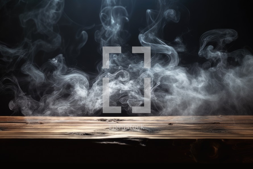 Wooden table and smoke on dark background. Selective focus.