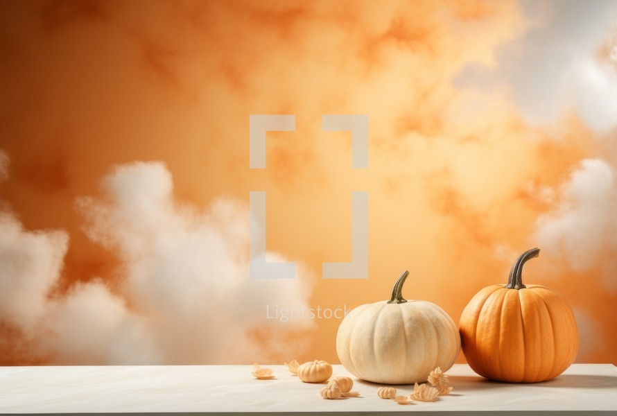 Halloween pumpkins on wooden table with orange sky and clouds background