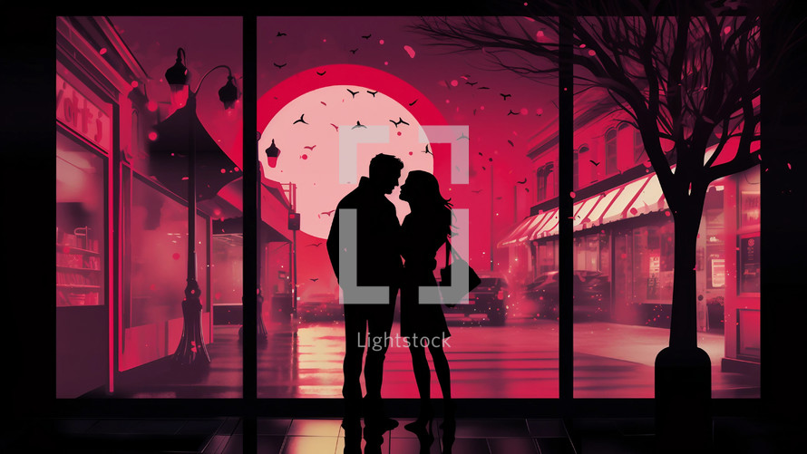Silhouette of couple in front of red background