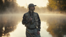 A Smiling young fly fisherman on a foggy river at sunrise