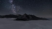 Beautiful stars with milky way galaxy move over mountains in dark starry night sky astronomy time-lapse
