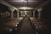barrels of wine in a winery cellar