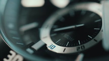 Mens chronograph japanese watch made metal with blue sapphire glass. Luxury clock, second hand going on. Close-up studio macro footage. Time concept. High quality