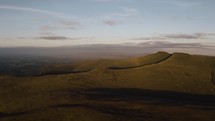 Aerial clip of rolling countryside of the Usk Valley, Brecon Beacons National Park, Powys, Wales, United Kingdom, Europe. 