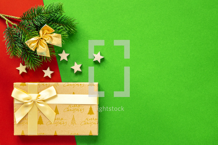 red and green background with gift for Christmas 