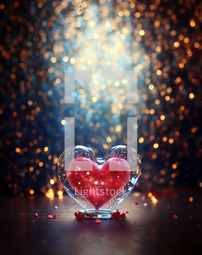 Valentine's day with big red shiny heart in glass