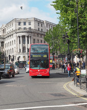 LONDON, UK - JUNE 09, 2015: Red double decker buses are a traditional landmark of London