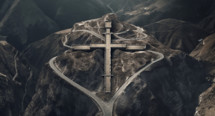 Roads leading to a cross in a vast mountain landscape