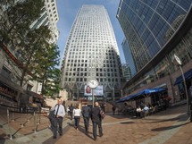 LONDON, UK - SEPTEMBER 29, 2015: The Canary Wharf business centre is the largest business district in the United Kingdom seen with fisheye lens