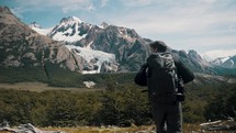 Mountain Hike With Backpacker During Summer In Mount Fitz Roy, Laguna de los Tres near El Chalten In Patagonia, Argentina. Slow Motion Shot