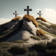Stylized illustration of three stone crosses representing the barren hill of Golgotha. Biblical concept