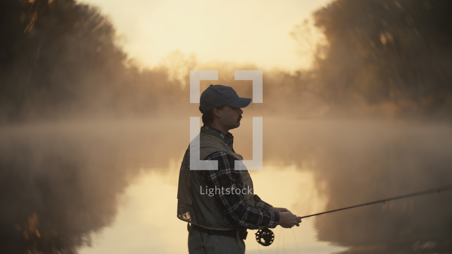 Young fly fisherman casting on a foggy river at sunrise