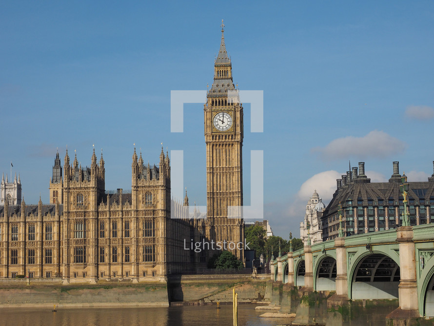 Westminster Bridge over River Thames with Houses of Parliament and Big Ben in London, UK