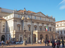 MILAN, ITALY - MARCH 28, 2015: Tourists in front of Teatro alla Scala theatre in Milan Italy