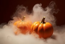 Two orange pumpkins in a white cloud of smoke on a dark background