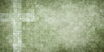 light cross on darker green background of worn tiles, edge has vignette effect