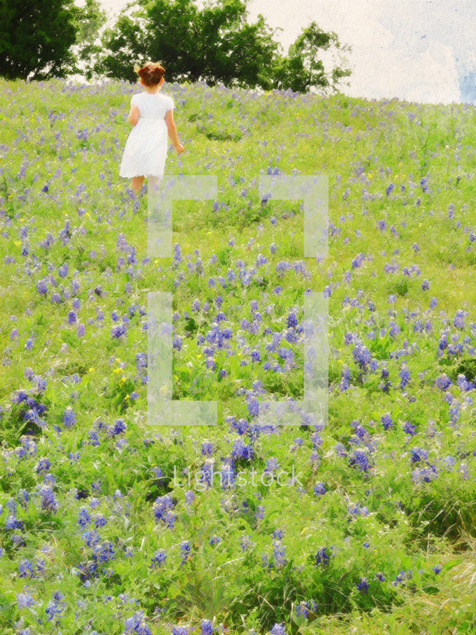 girl on a hillside covered with bluebonnet plants with an art effect