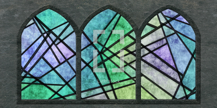 green geometric stained glass in three arches