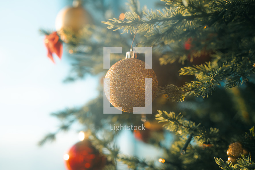 Gold shiny bauble, Christmas tree decorations, decorative glitter ball, festive holidays