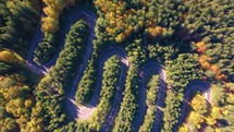 aerial view over a winding road 