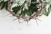 palm fronds, flowers, and crown of thorns on a white background 