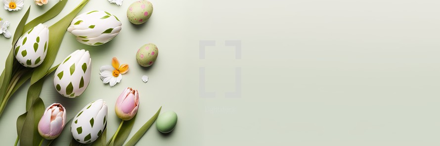 Decorate tulips and eggs on a clean background for an Easter celebration banner
