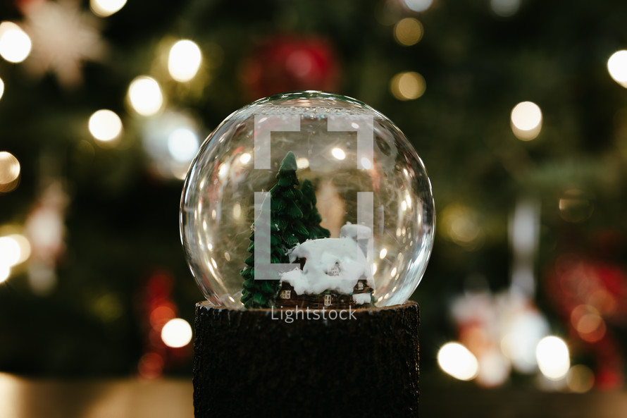 Christmas snow globe with house and tree