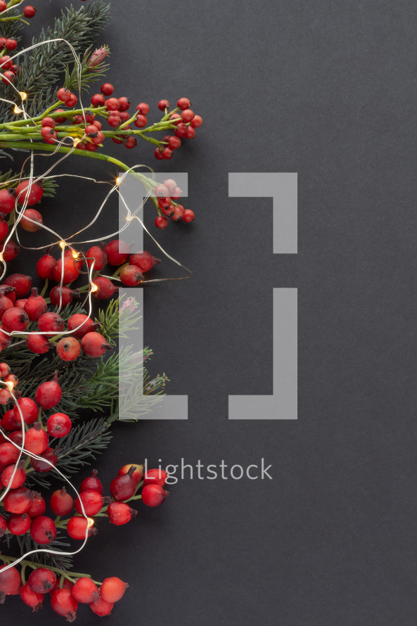 red berries and Christmas greenery on a black background with copy space 