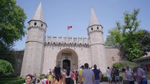 turkey Istanbul, May 2023: Entrance Door of Topkapi Palace in Istanbul, Turkey. The Gate of Salutation at Topkapi Palace, details and buildings of famous museum complex at Istanbul city.
