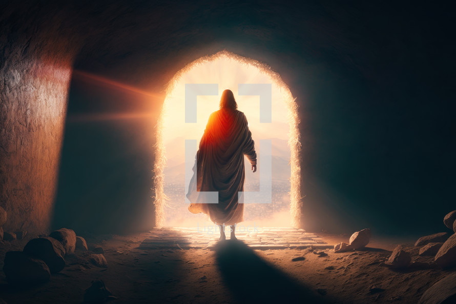 Resurrected and victorious Jesus walking towards the light