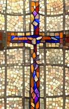 mosaic cross with beige and tan mosaic tile background - combo of my cross artwork, AI input and further editing