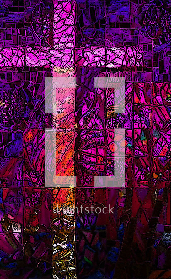 pink purple orange blue textural mosaic cross art - combo of my cross artwork, AI input and further editing