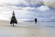 Alone man travels through the snowy field
