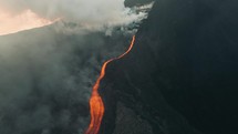 Drone aerial view of lava flowing activity from Pacaya volcano in Guatemala.