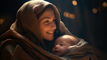 Mary keeps baby Jesus warm in the cold cave. Nativity story