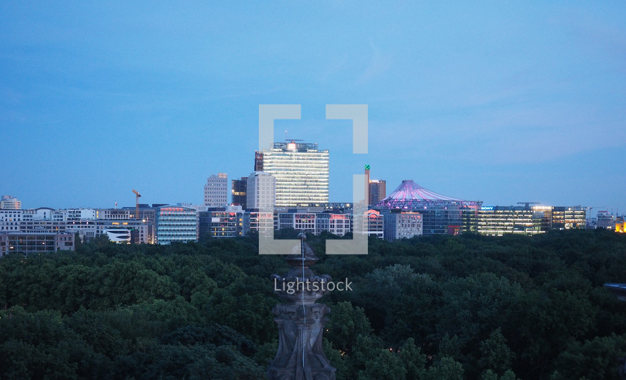 BERLIN, GERMANY - CIRCA JUNE 2019: Aerial view of the city of Berlin at night