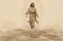 Jesus walking on water, illustration, white and beige