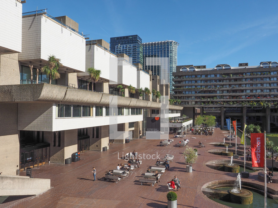 LONDON, UK - SEPTEMBER 28, 2015: The Barbican Centre iconic new brutalist architecture