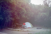 tent, bike, and picnic table 