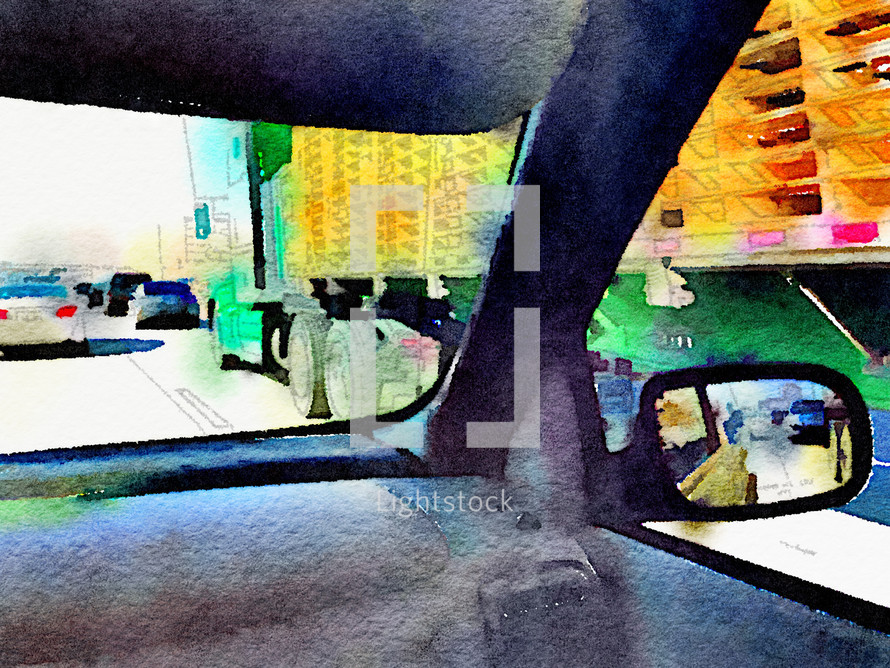 commuting - truck from a car window watercolor effect