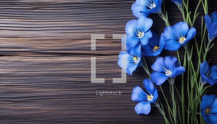 Blue flowers of flax on a wooden background. View from above.