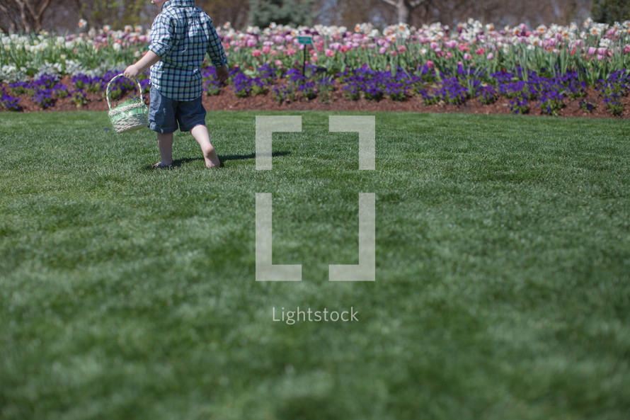 small boy with Easter basket in a garden of flowers
