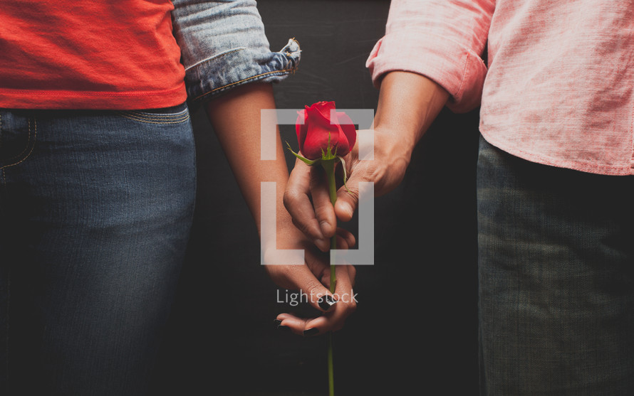 couple holding a long stem rose 