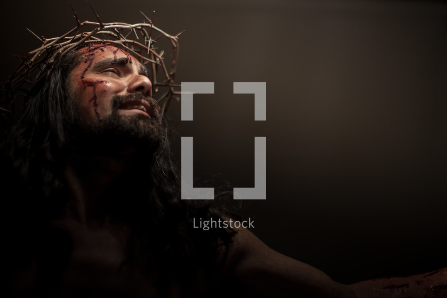 The suffering of Christ -- Jesus crying in pain while wearing His crown of thorns.