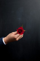 man holding a long stem rose 