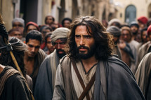 Jesus walking among crowd in village