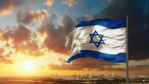 Flag with the Star of David waving at sunset on a cloudy stormy day