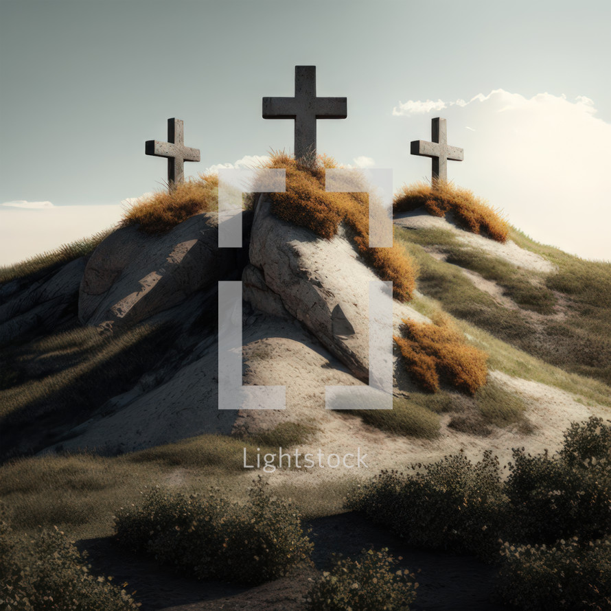 Stylized illustration of three stone crosses representing the barren hill of Golgotha. Biblical concept