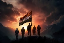 Silhouette of army soldiers with flag of India in the mountains. 3D Rendering