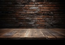 Empty wooden table for product display montages with brick wall background.